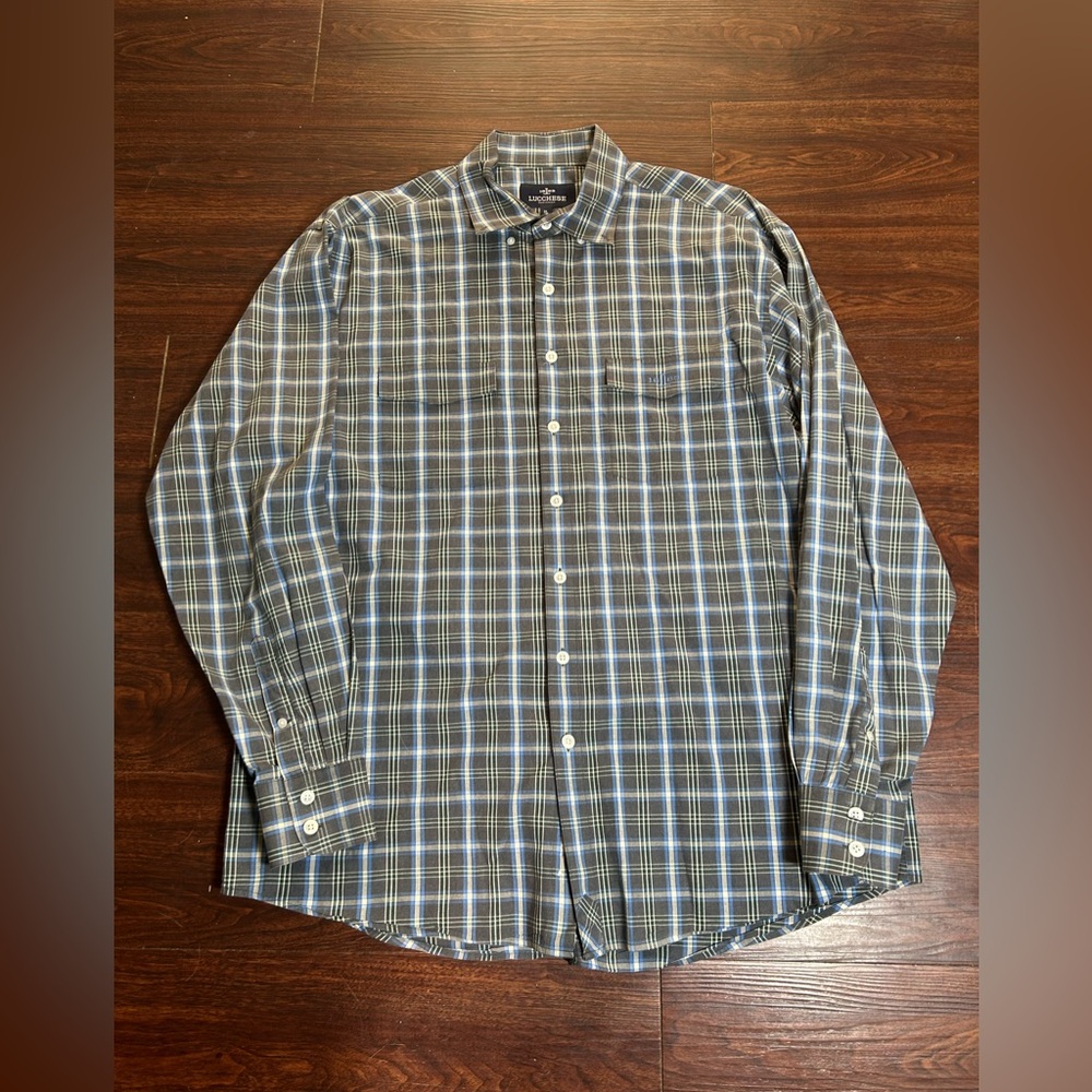 Lucchese 1883 Shirt Mens XL Blue Gray White Plaid Western Button Down